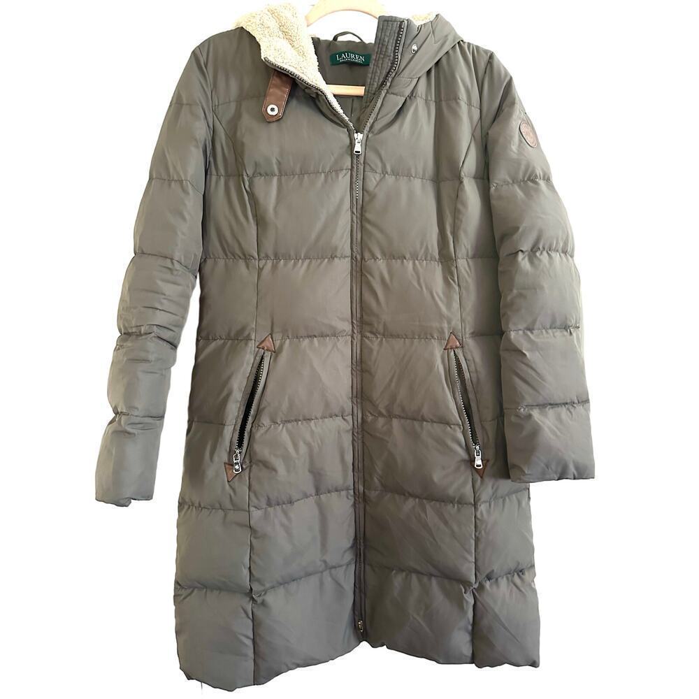 LAUREN RALPH LAUREN Gray Down Quilted Fleece-Trim Midi Puffer Coat - Sz Small